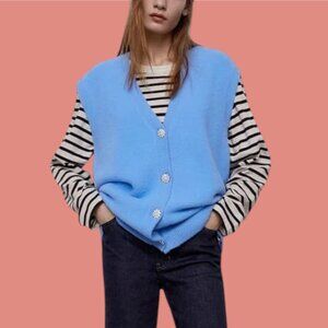 Zara Blue Jewel Button Knit Vest Size Small NWT